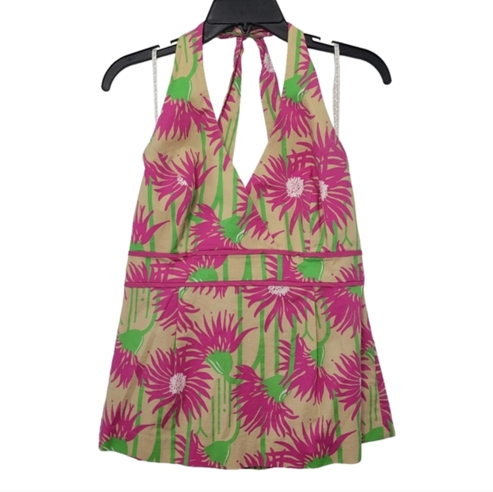 Lilly Pulitzer Willa Halter Stretch Top Size 8 Pink‎ Cream Tan Floral Vacation